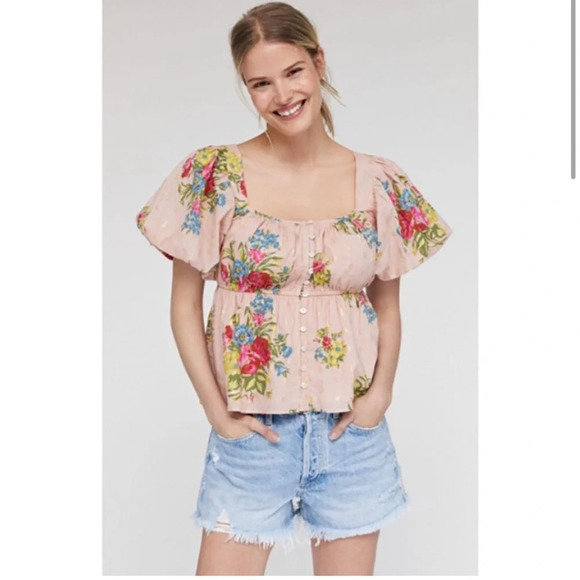 Love The Label Rosette Babydoll Top Floral Puff Sleeve L - Picture 2 of 8